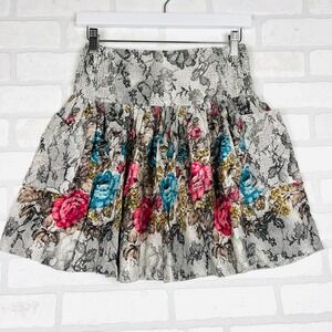 Ecote Mini Skirt Snakeskin Lace Floral Print Smocked Waist Pockets Boho Chic Med